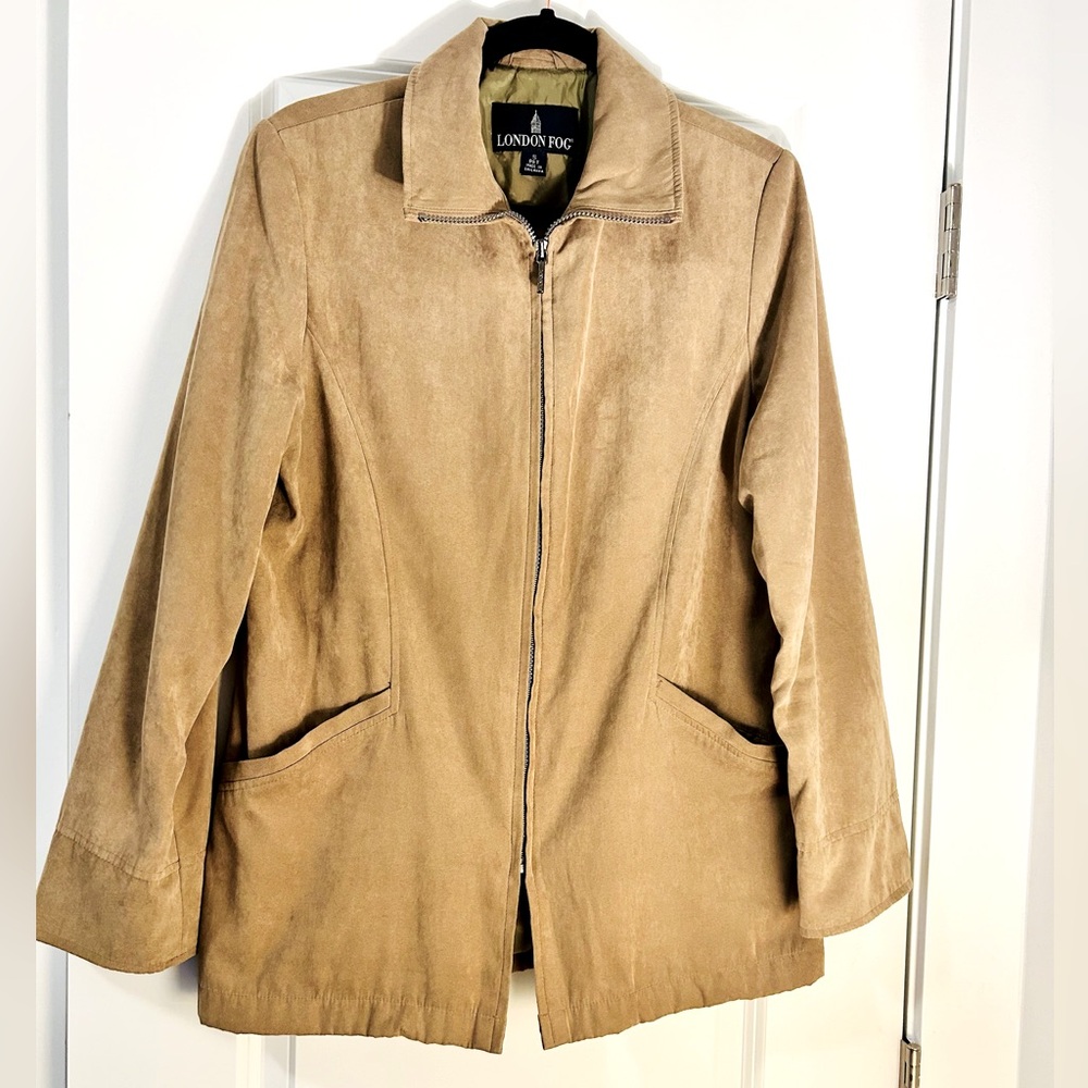 Womens London Fog Faux Suede Zip Up Jacket in Tan / Petite Small